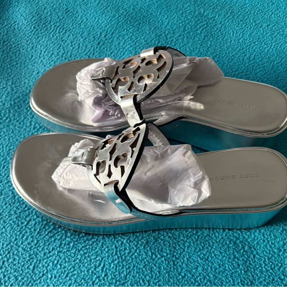 Tory Burch Metallic Silver Wedge Sandals